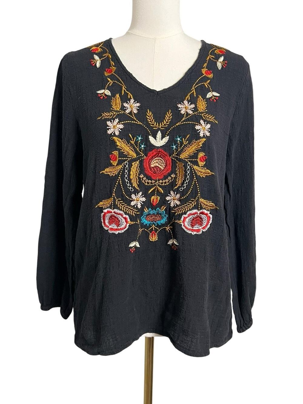 Jodifl Embroidered Floral Boho Peasant Blouse Womens Large Black Folk Top